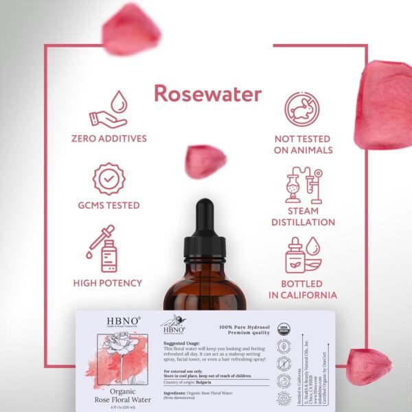 HBNO California Bottled Organic Rose Water for Face 4 fl oz (120ml) - USDA Certified Organic Rose Water Spray for Face - Pure Rose Water for Hair - Rosewater Face Mist, Rose Water Spray for Cleansing - Image 5