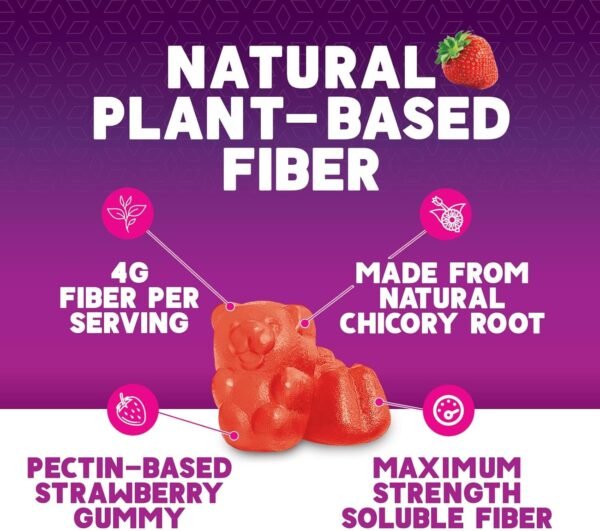 Fiber Supplement Gummies for Digestive Health & Regularity Support, Fiber 4g Gummy for Adults, Daily Prebiotic Supplements, Natural Prebiotic Fiber Gummy, Plant Based, Strawberry Flavored - 60 Gummies - Image 6