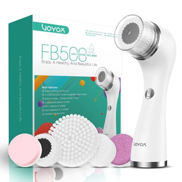 VOYOR Facial Cleansing Brush Rechargeable, Spin Face Brush Waterproof 5-in-1 Body Brush Set for Deep Skin Cleansing, Gentle Exfoliating and Massaging FB500 (White) - Image 2