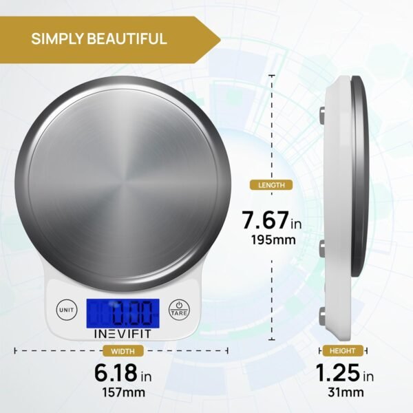 INEVIFIT Digital Kitchen Scale, Highly Accurate Multifunction Food Scale 13 lbs 6kgs Max, Clean Modern White with Premium Stainless Steel Finish. Includes Batteries - Image 6