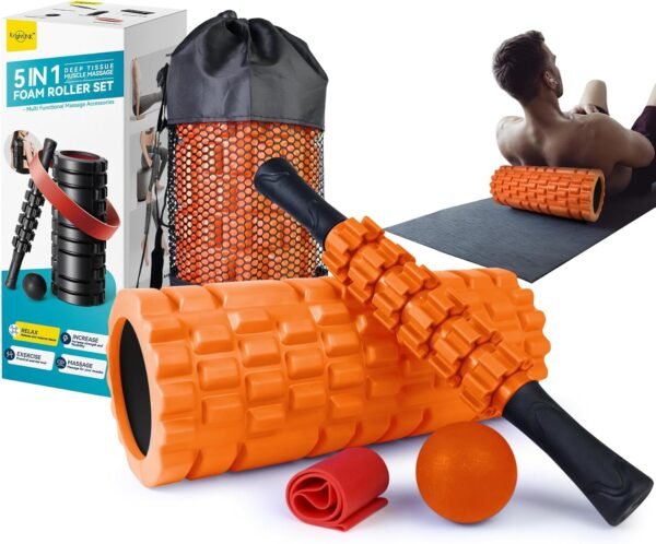 5 in 1 Foam Roller Set for Deep Tissue Muscle Massage, Trigger Point Fitness Exercise Foam Roller, Massage Roller, Massage Ball, Stretching Strap, for Whole Body (Orange Black) - Image 2