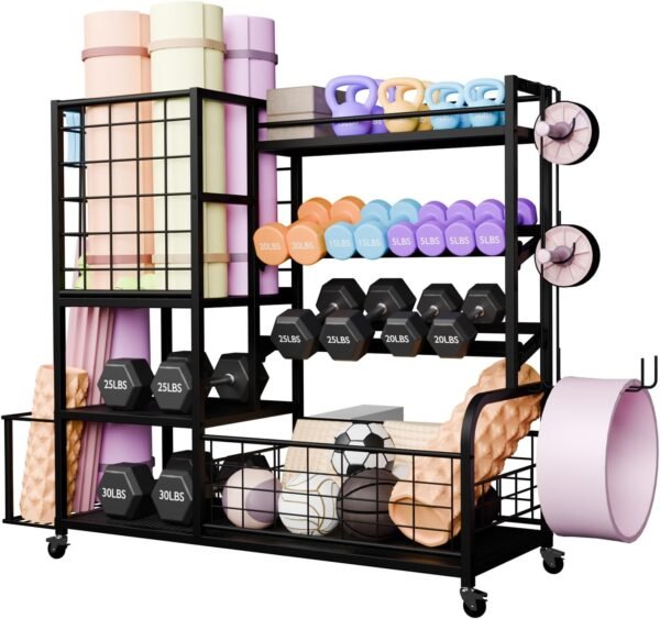700LBS Dumbbell Rack Weight Stand - Bonvork Adjustable Heavy Duty Weight Rack for Dumbbells, Home Gym Storage Rack for Kettlebell, Balls,Yoga Mat Holder, Workout Equipment Storage Organizer With Wheel - Image 2