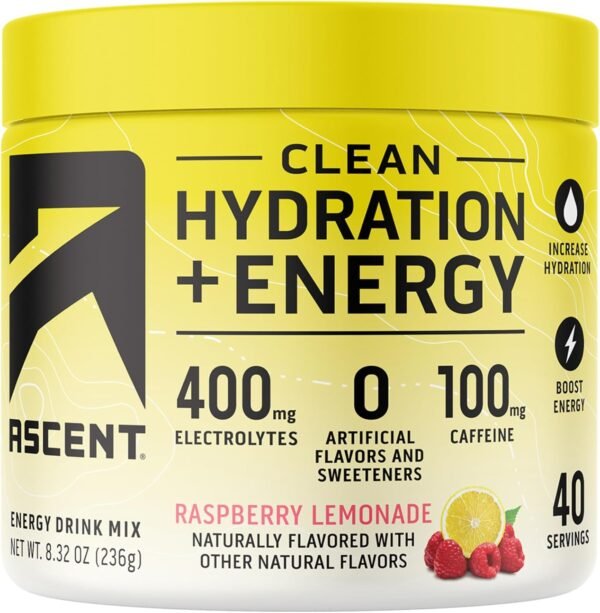 Ascent Clean Hydration + Energy Electrolytes Powder - 100mg Caffeine, 400mg Electrolytes, No Artificial Ingredients, Raspberry Lemonade 40 Servings - Image 2