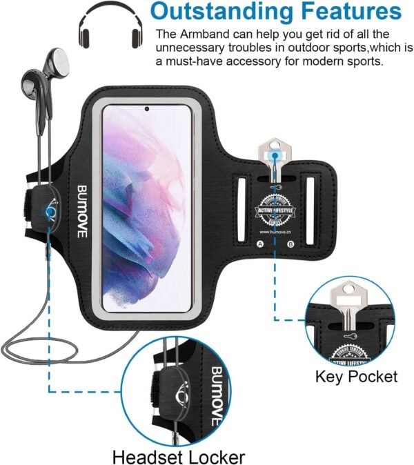Running Armband for Samsung Galaxy S25/S24/S23/S22/S21/S20/S10,with Card Holder, Gym Workouts Sports Phone Arm Band (Black) - Image 3