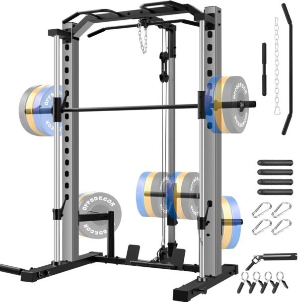 OPPSDECOR Smith Machine with LAT Pulldown, Power Cage for Home, Multi-Function Power Rack with Cable Pulley System, Squat Rack with Pull-up Bar, J-Hooks, More Training Attachment for Home Gym - Image 2