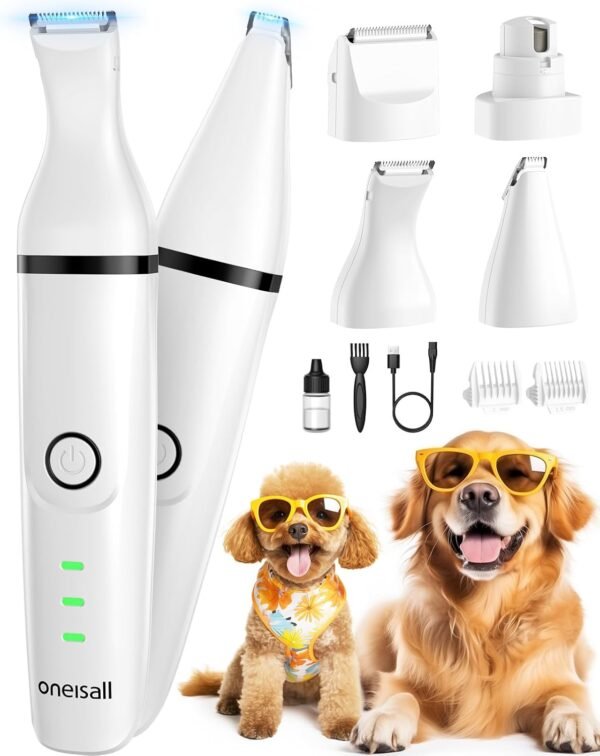 oneisall 4-in-1 Cordless Dog Grooming Kit with 2-Speed Clippers, Low Noise Paw Trimmer & Rechargeable Quiet Nail Grinder for Dogs and Cats (White) - Image 2