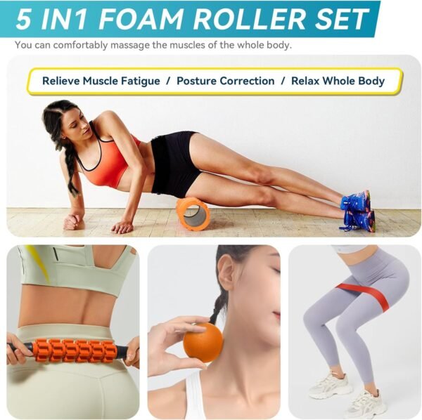 5 in 1 Foam Roller Set for Deep Tissue Muscle Massage, Trigger Point Fitness Exercise Foam Roller, Massage Roller, Massage Ball, Stretching Strap, for Whole Body (Orange Black) - Image 7