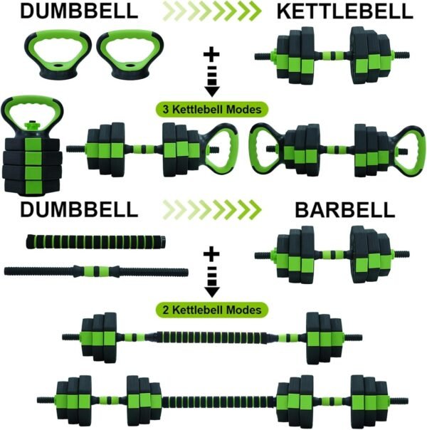 Adjustable Dumbbell Set, 4 in 1 Adjustable Kettlebell Set,44lbs/66lbs/88lbs Weight Set Used as Kettlebells, Barbell, Push up Stand for Home Gym,Green and Black,Octagon Head - Image 5