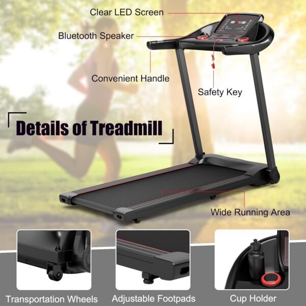 GYMAX Foldable Treadmill, 2.25HP Folding Treadmill with LED Monitor, 12 Preset Programs, APP Control, Blue Tooth Speaker & Pulse Sensor, Portable Compact Small Treadmill for Apartment/Home/Gym - Image 9