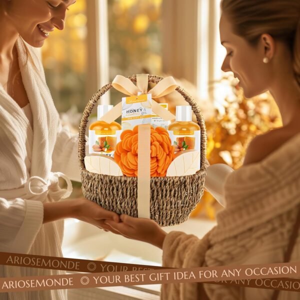 Bath Spa Gift Basket, Bath & Body Gift Set for Women & Men, Includes Shower Gel, Bubble Bath, Bath Salt, Bath Sponge, Spa Gift Box for Mother's Day, Birthday, Wedding, Honey & Almond 8pcs - Image 7