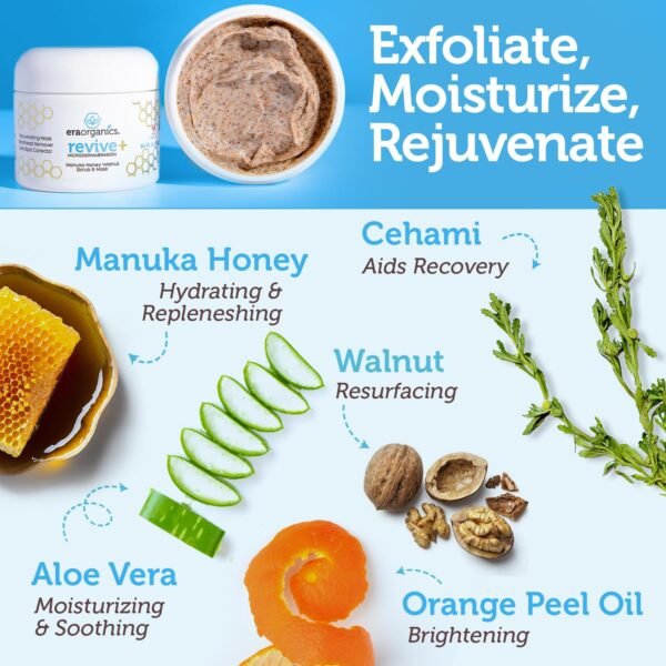 Era Organics Microdermabrasion Facial Scrub & Face Exfoliator - Spa Quality Exfoliating Mask with Manuka Honey Plus Walnut for Blackheads, Buildup, Wrinkles 2oz - Image 3