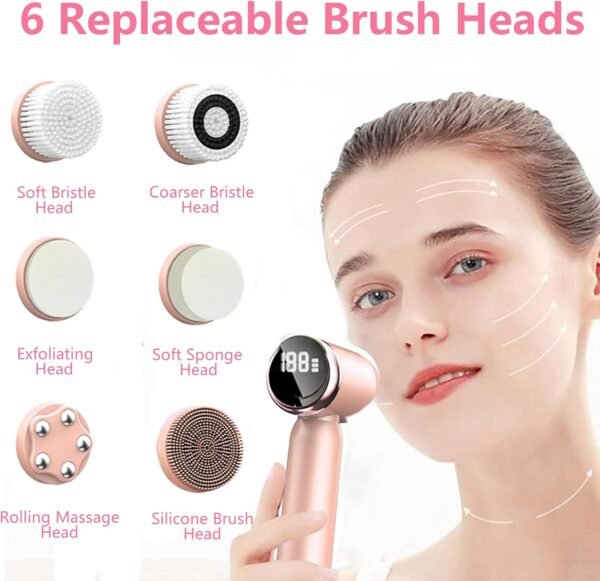 Facial Cleansing Brush, 6 in 1 Electric Face Scrubber with 6 Brush Heads and 3 Spin Speeds for Deep Cleansing, Waterproof Rechargeable Face Brushes for Dry Oily Sensitive Skin (Pink) - Image 5