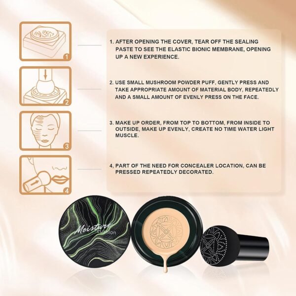 Air Cushion CC Cream - Mushroom Head CC Cream Foundation, Moisturizing BB Cream Foundation Makeup Long-Lasting Matte Concealer for Even Skin Tone (Buff Beige, 1 PCS) - Image 10