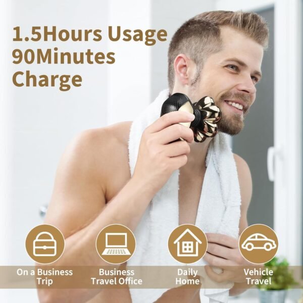 Detachable Head Shavers, SHPAVVER 5 in 1 Electric Razor IPX7 Waterproof for Bald Men, Wet Dry LED Display Rechargeable 7D Rotary Shaver Grooming Kit with Type C Charge A，Gold - Image 7