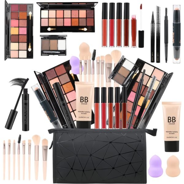 All in One Makeup Gift Set for Women Full Kit for2x14-color eyeshadow palettes,5xlipgloss sets,mascara,eyeliner,eyebrowpowder,eyebrow pencil, foundation, highlighter stick etc - Image 2