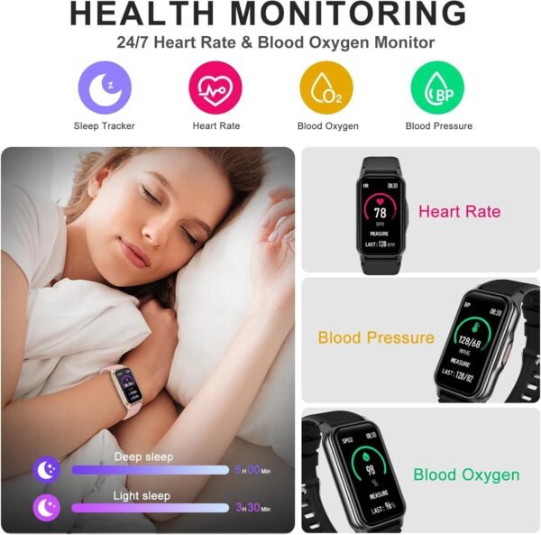 Fitness Tracker with 24/7 Heart Rate, Sleep Blood Oxygen Blood Pressure, 120+ Sports Modes Smart Watch, Step Calorie Counter Pedometer Health Activity Trackers IP68 Waterproof for Women Men - Image 3