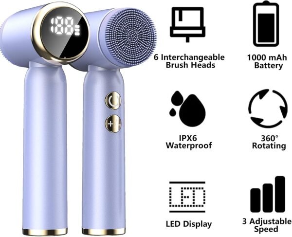 Facial Cleansing Brush, 6 in 1 Electric Face Scrubber with 6 Brush Heads and 3 Spin Speeds for Deep Cleansing, Waterproof Rechargeable Face Brushes for Dry Oily Sensitive Skin (Purple) - Image 4