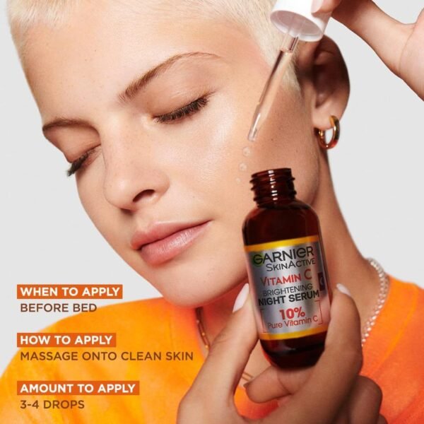 Garnier Targeted Anti Dark Spot Night Serum for Face, with 10% Pure Vitamin C & Hyaluronic Acid, Anti Pigmentation & Dullness, For All Skin Types, Approved by Cruelty Free International, Vegan, 30 ml - Image 8