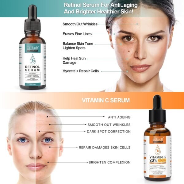 Day-Night Anti Aging Vitamin C Serum Retinol Serum For Face with Retinol & Amino Acids - Boost Skin Collagen,Hydrate & Plump Skin Facial Serum - Image 3