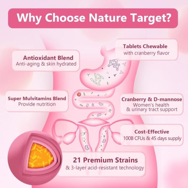 NATURE TARGET Probiotics for Women Digestive Health with 100 Billion CFUs, Womens Probiotic for Gut Health & Immune Support, Skin Care, with Cranberry & D-mannose, 90 Chewable Tablets (45 Day Supply) - Image 3