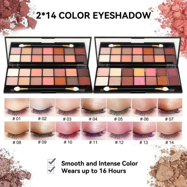 All in One Makeup Gift Set for Women Full Kit for2x14-color eyeshadow palettes,5xlipgloss sets,mascara,eyeliner,eyebrowpowder,eyebrow pencil, foundation, highlighter stick etc - Image 3