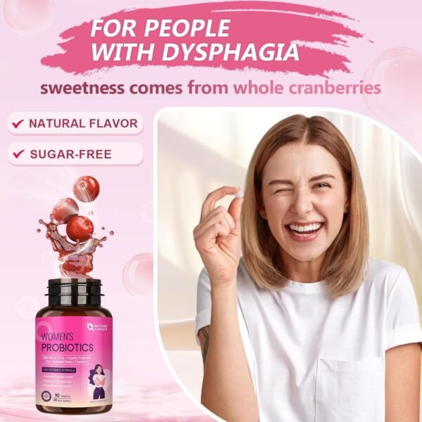 NATURE TARGET Probiotics for Women Digestive Health with 100 Billion CFUs, Womens Probiotic for Gut Health & Immune Support, Skin Care, with Cranberry & D-mannose, 90 Chewable Tablets (45 Day Supply) - Image 6