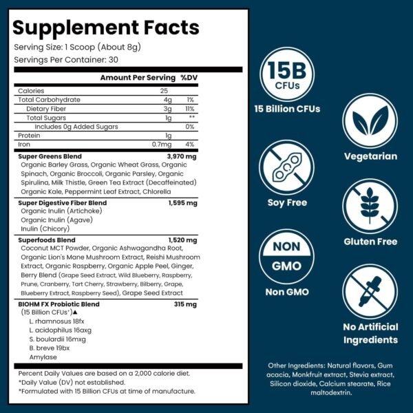 BIOHM Super Greens, Green Superfood Powder (8.5 Oz, 30 Servings) Antioxidant Veggie Powder & Smoothie Mix, 34 Superfoods & Spirulina, Digestive Enzymes, Prebiotics and Probiotics, Mixed Berry Flavor - Image 3