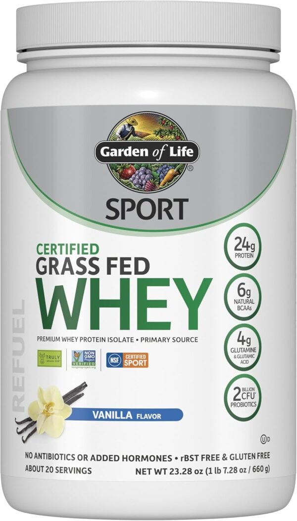Garden of Life SPORT Whey Protein Powder Vanilla., Premium Grass Fed Whey Protein Isolate plus Probiotics for Immune System Health, 24g Protein, Non GMO, Gluten Free., Cold Processed - 20 Servings - Image 2
