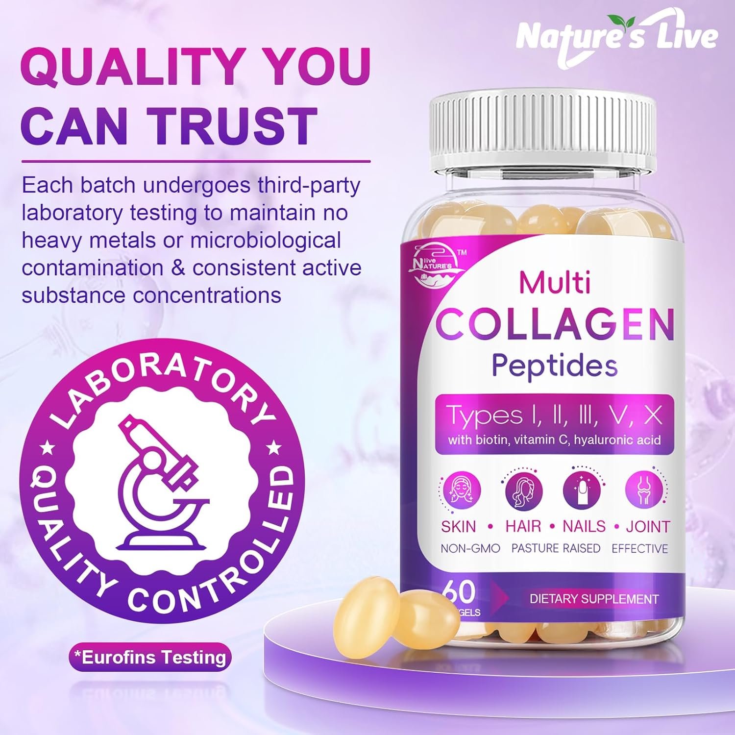 Multi Collagen Peptides Softgel - Type I, II, III, V, X - Hydrolyzed Collagen Peptides with Biotin, Vitamin C, Hyaluronic Acid, Supports Skin Hair Nail, Grass-Fed, Non-GMO, 60 Softgel, 2 Pack - Image 7