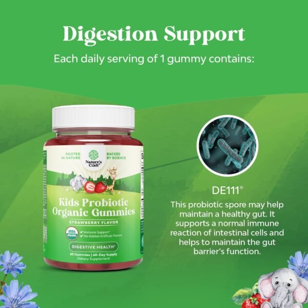 USDA Organic Kids Probiotic Gummies - Gut Bacteria Probiotics for Digestive Health & Stomach Relief - Gentle 2.5B CFU Kids Immune Support & Gut Heath Supplement - Vegan & Non-GMO Chews - 60 Count - Image 5