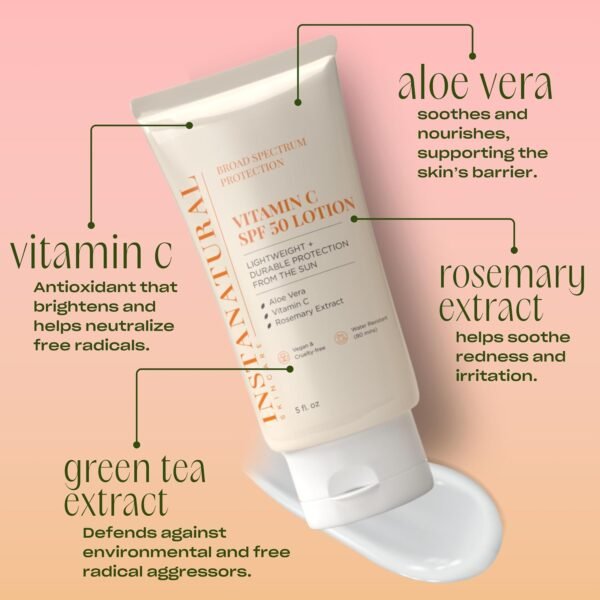 InstaNatural Skin Care Vitamin C SPF 50 Broad Spectrum Sunscreen Lotion, Brightening, Lightweight, Non-Greasy Moisturizer for Body & Face, UVA, UVB Sunblock, with Aloe Vera & Botanicals, 5 Fl Oz - Image 4