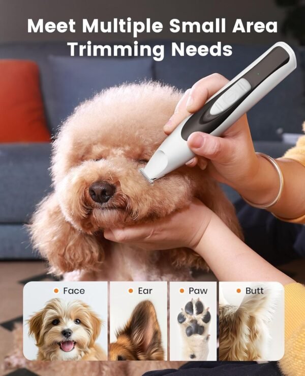 oneisall Low Noise Dog Paw Trimmer Nail Grinder with LED Light 35dB Dog Grooming Kit Paw Trimmer 20 mm Widen Blade Cordless Electric Hair Clippers for Ears, Face, Rump - Image 4