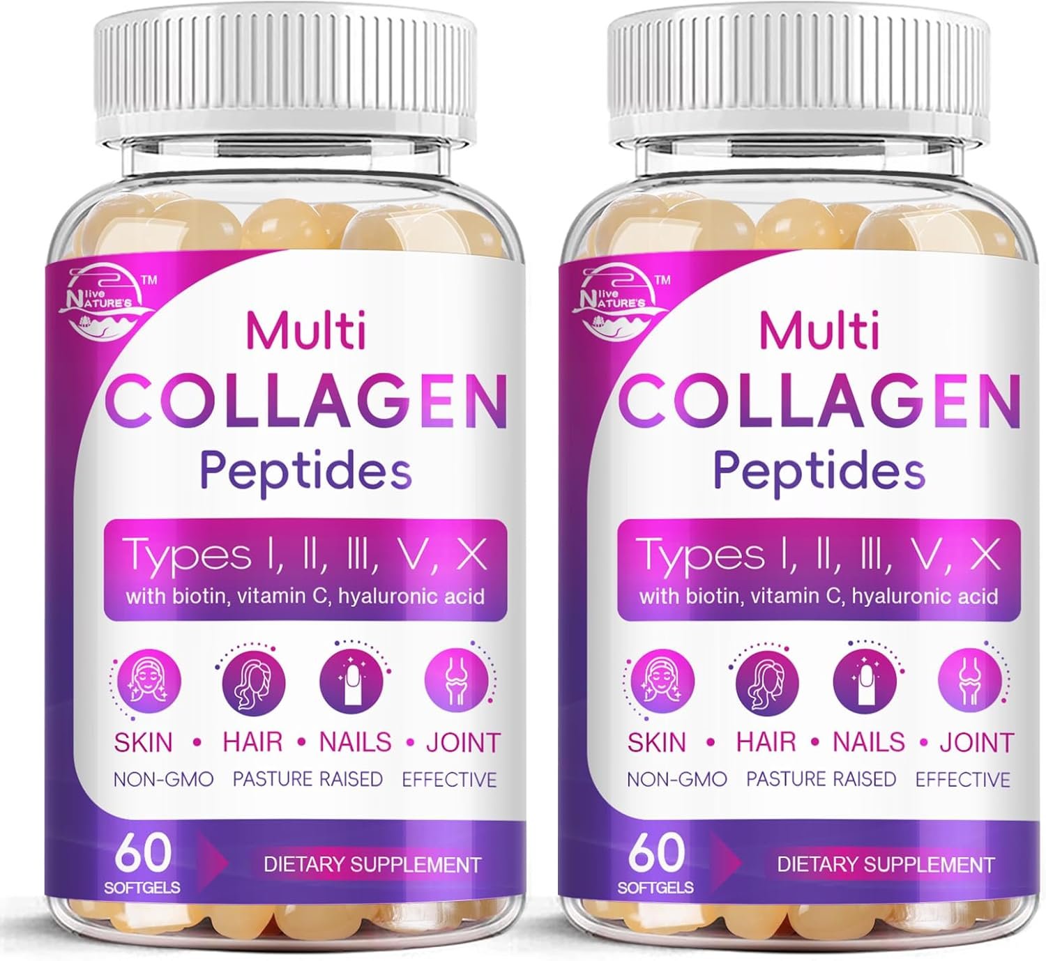 Multi Collagen Peptides Softgel - Type I, II, III, V, X - Hydrolyzed Collagen Peptides with Biotin, Vitamin C, Hyaluronic Acid, Supports Skin Hair Nail, Grass-Fed, Non-GMO, 60 Softgel, 2 Pack - Image 2