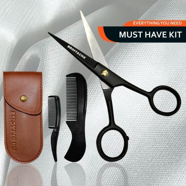5” Professional Beard and Mustache Scissors, German Steel Beard Scissors Come with Mustache Comb, Beard Comb and Carrying Pouch. Grooming Scissor for All Facial Hair Scissors (Black). - Image 8