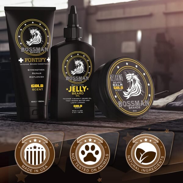 Bossman Essentials Beard Kit for Men - Beard Oil Jelly, Fortifying Conditioner Cream, Beard Balm - Grooming Growth Care Accessories (Gold) - Image 8
