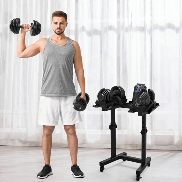 Uboway Adjustable Dumbbell Stand- Dumbbell Rack with 4 Level Height Adjustment, Weight Stand for Dumbbells with Tablet Holder and Wheels, Hand Weight Rack for Adjustable Dumbbell Set, Home Gym Fitness（Bonus Foot Pads） - Image 6