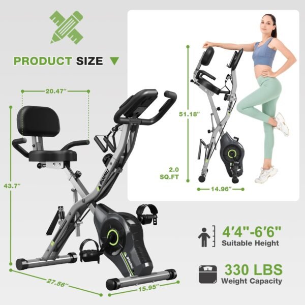 Exercise Bike, 5 in 1 Foldable Stationary Bike for Seniors, 8-Level Adjustable Magentic Resistance, Indoor Recumbent Bike with 330LB Capacity, Comfortable Seat Backrest - Image 8