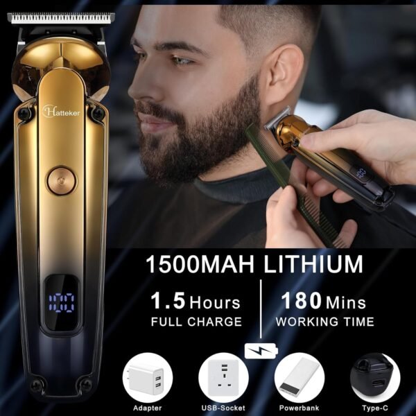 Beard Trimmer for Men, 6-in-1 Cordless Hair Clipper & Electric Razor, Zero-Gapped T-Blade, Waterproof Nose, Ear, Beard & Body Grooming Kit with LED Display, Professional Shaver (Gold) - Image 4