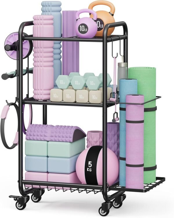 Weight Rack for Home Gym, All in One Yoga Mat Storage Rack, Workout Equipment Storage with Wheels and Hooks for Dumbbells Kettlebells Foam Rollers, Powder Coated Finish Steel - Image 2