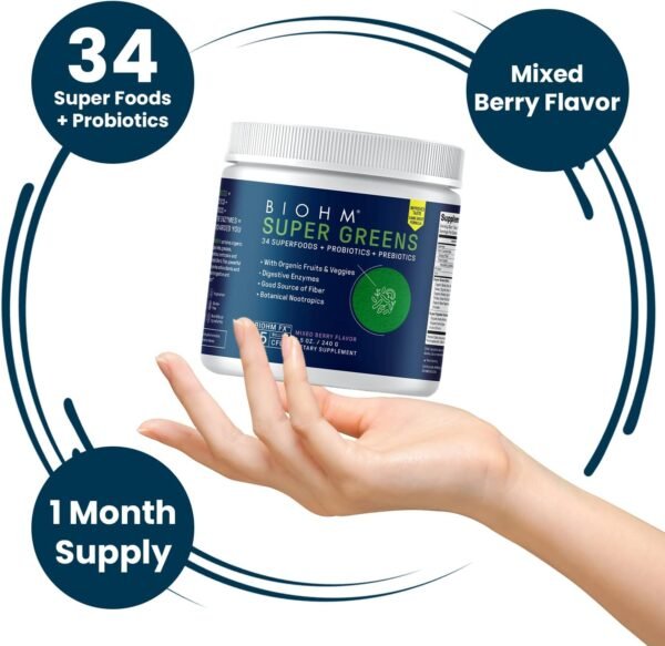 BIOHM Super Greens, Green Superfood Powder (8.5 Oz, 30 Servings) Antioxidant Veggie Powder & Smoothie Mix, 34 Superfoods & Spirulina, Digestive Enzymes, Prebiotics and Probiotics, Mixed Berry Flavor - Image 5