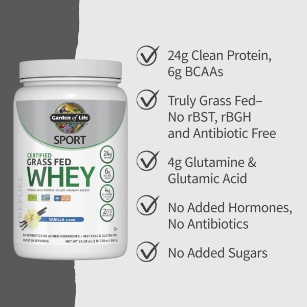 Garden of Life SPORT Whey Protein Powder Vanilla., Premium Grass Fed Whey Protein Isolate plus Probiotics for Immune System Health, 24g Protein, Non GMO, Gluten Free., Cold Processed - 20 Servings - Image 6