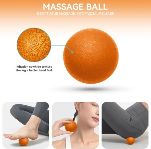 5 in 1 Foam Roller Set for Deep Tissue Muscle Massage, Trigger Point Fitness Exercise Foam Roller, Massage Roller, Massage Ball, Stretching Strap, for Whole Body (Orange Black) - Image 5