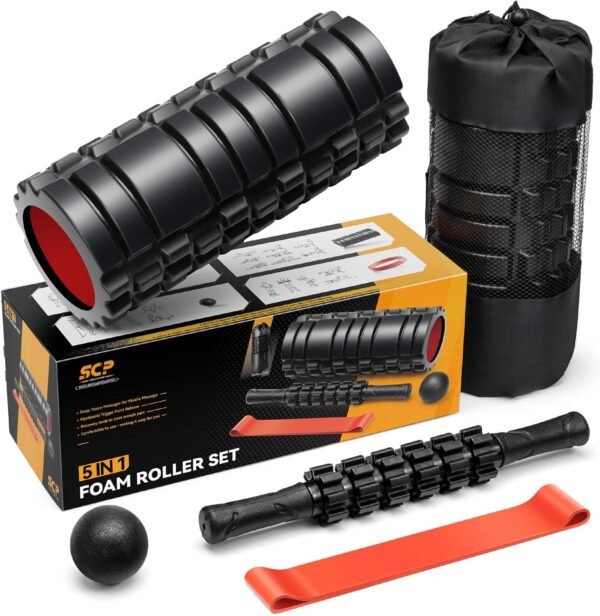 5 in1 Foam Roller Set, Trigger Point Foam Rollers, Massage Roller Stick, Massage Ball, Resistance Band for Deep Muscle Massage Pilates Yoga,Fitness Exercise for Whole Body (Black-Red) - Image 10