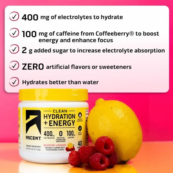 Ascent Clean Hydration + Energy Electrolytes Powder - 100mg Caffeine, 400mg Electrolytes, No Artificial Ingredients, Raspberry Lemonade 40 Servings - Image 3
