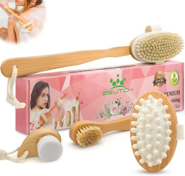 Premium Dry Brushing Body Brush Set for Lymphatic Drainage and Cellulite Treatment, Boar Bristle Long Handle Face Cleansing Brush for A Glowing Skin, 5 Pack - Image 8