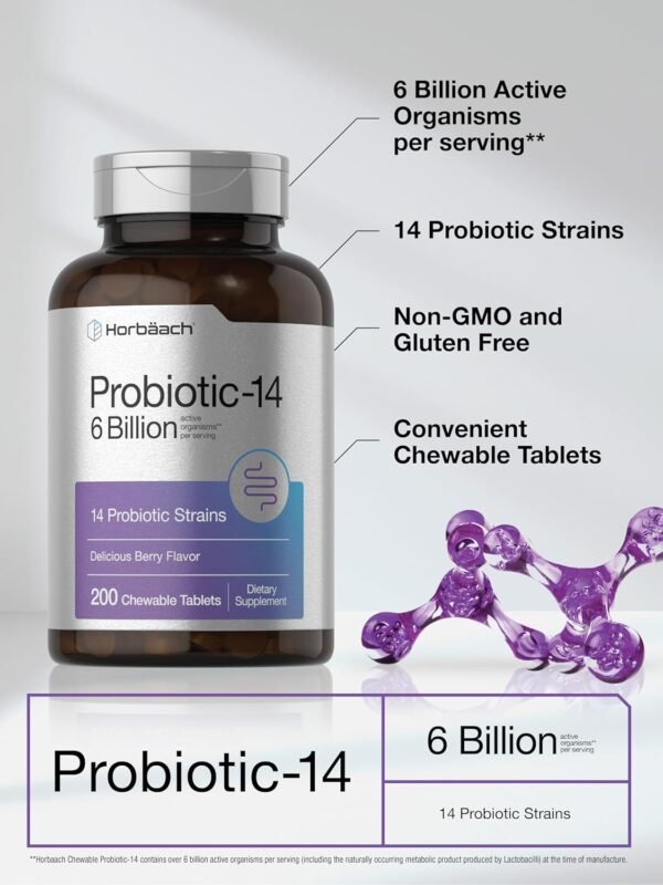 Horbäach Probiotics 6 Billion CFUs | 200 Chewable Tablets | Berry Flavor | 14 Probiotic Strains | Vegetarian, Non-GMO & Gluten Free Supplement for Men & Women - Image 5