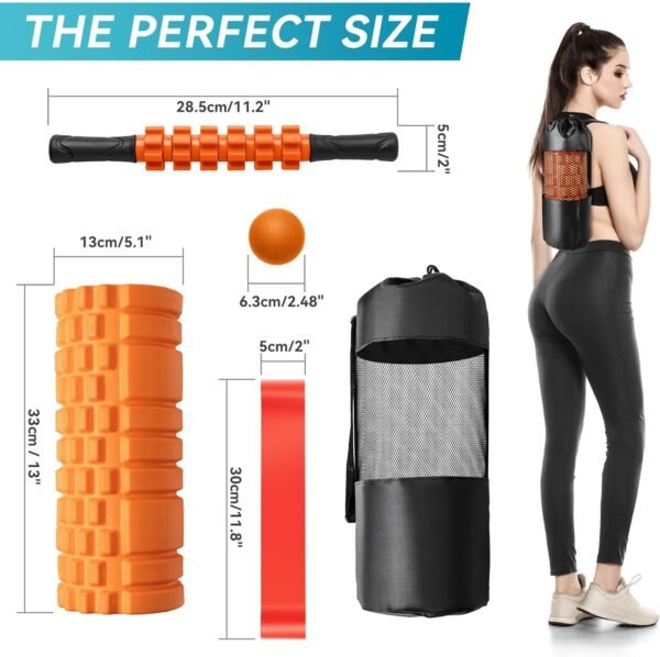 5 in 1 Foam Roller Set for Deep Tissue Muscle Massage, Trigger Point Fitness Exercise Foam Roller, Massage Roller, Massage Ball, Stretching Strap, for Whole Body (Orange Black) - Image 8