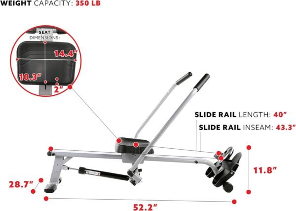 Sunny Health & Fitness Smart Compact Full Motion Rowing Machine, Full-Body Workout, Low-Impact, Extra-Long Rail, 350 LB Weight Capacity and Optional Free SunnyFit® App Enhanced Connectivity - Image 6