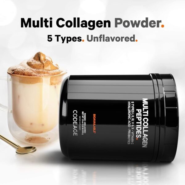 Codeage Multi Collagen Peptides + Probiotics Black Edition, Vitamin C, Hyaluronic Acid Powder Supplement, Grass-Fed, Pasture-Raised, Hydrolyzed, Zero Carbs, Type I, II, III, V & X, Unflavored, 21oz - Image 4
