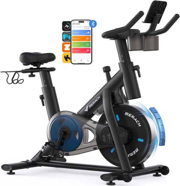 MERACH Exercise Bike, Brake Pad Stationary Bike with Exclusive App, Low Noise Indoor Cycling Bike with 300lbs Weight Capacity, Tablet Mount and Fitness Courses for Weight Loss - Image 2